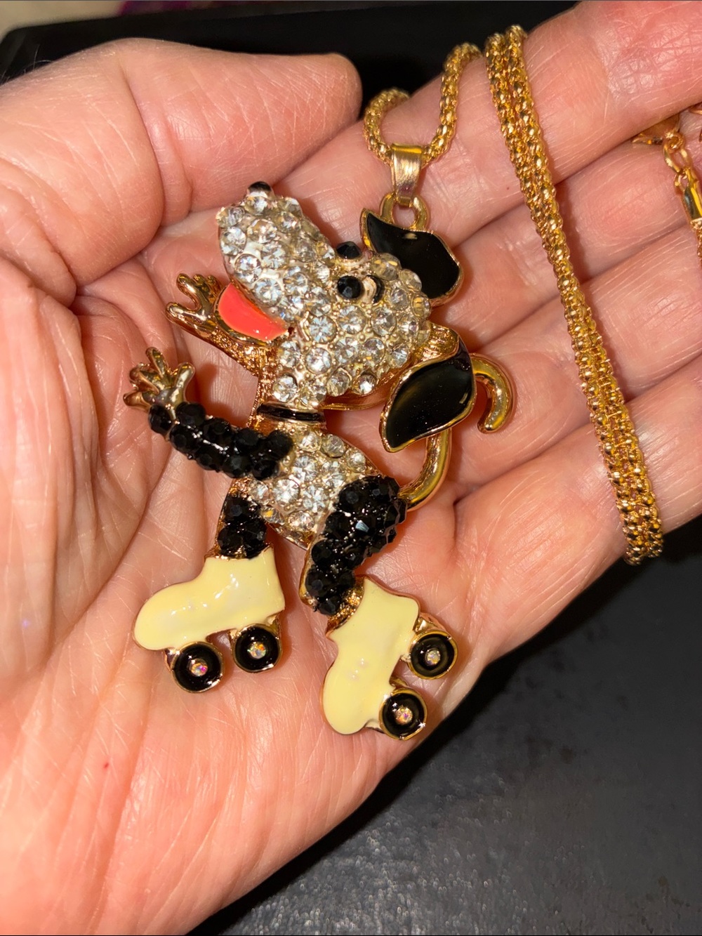 Gold-Tone Crystal Snoopy Roller Skates Necklace - Black, Yellow